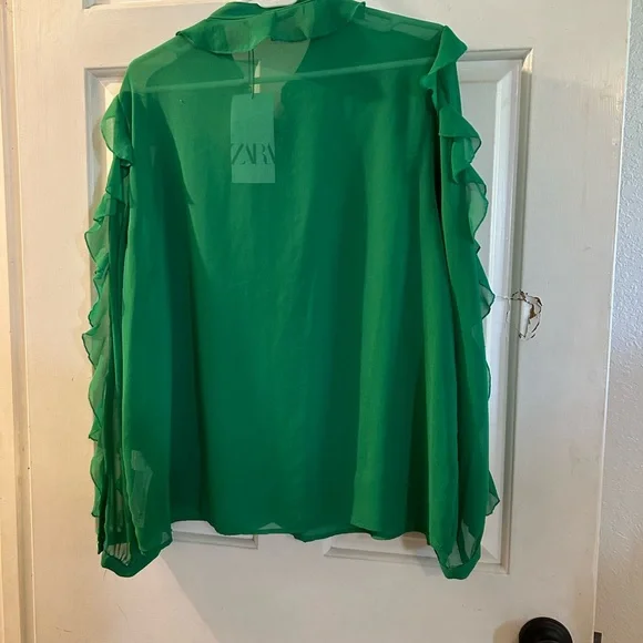 ZARA Emerald Green Ruffle-Sleeve Sheer Blouse - Picture 2 of 2